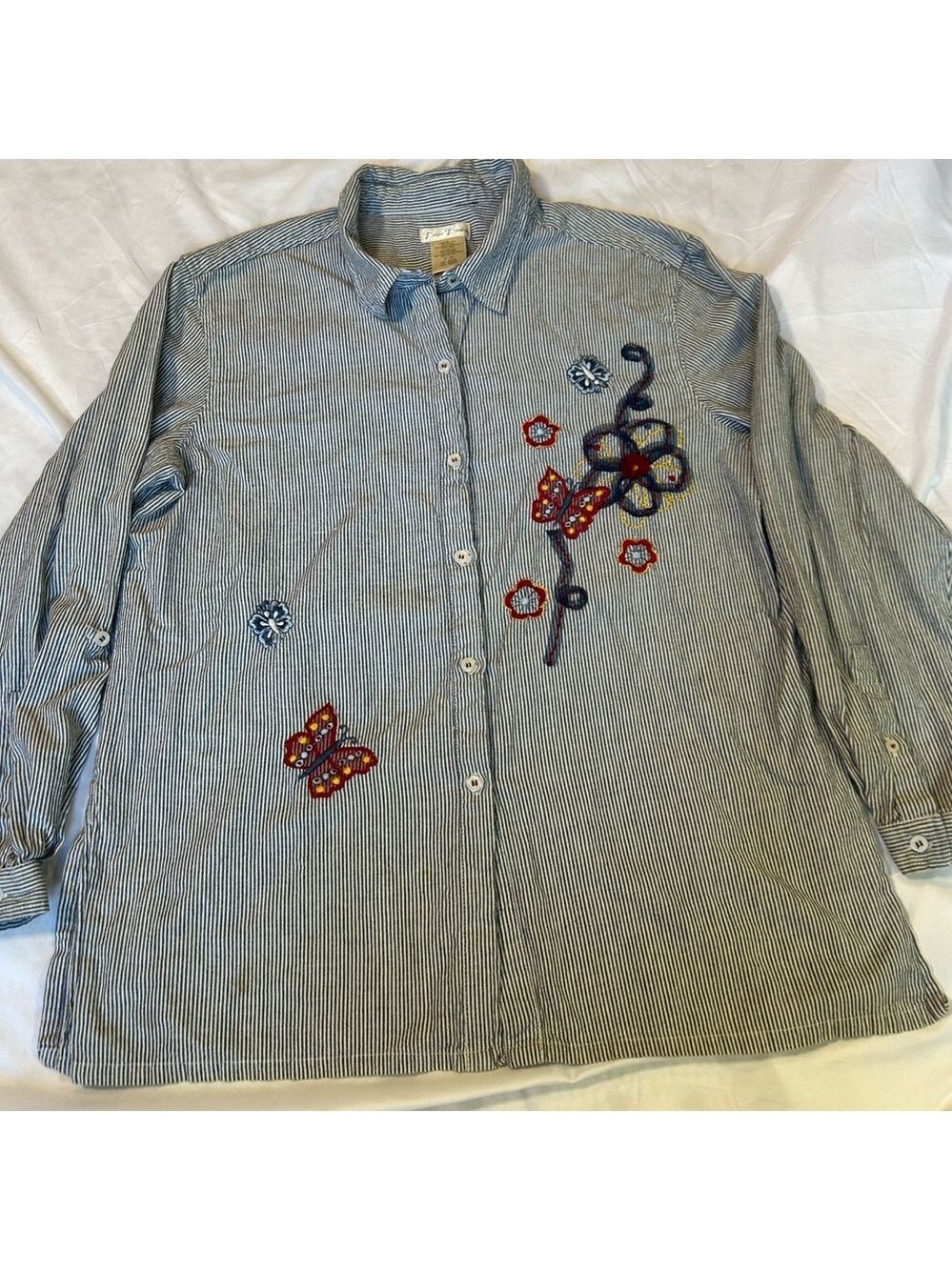 Bobbie Brooks Womens Button Down Roll Tab Sleeve Pinstriped Shirt Embroidery XL